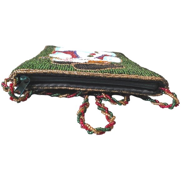 Purse Beaded Snowman Shoulder Bag Christmas Winter Green Red C. Marie 6x7" - Picture 4 of 11